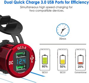 12V USB插座12V/24V 36w铝制快速充电3.0 USB车载充电器双充电器插座电源适配器插座，带汽车发光二极管 - Product Image 2