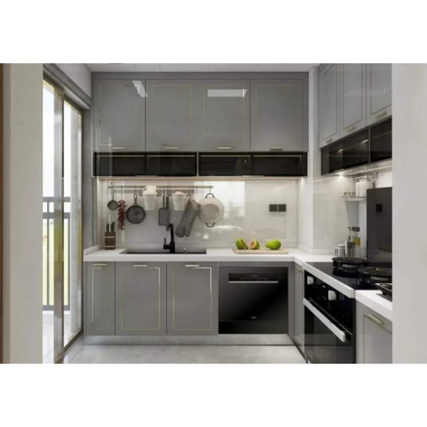 Комплекты кухонного шкафа из серого дерева, современный однотонный винный красный цвет, Индивидуальный размер, небольшой дизайн, алюминиевый кухонный шкаф