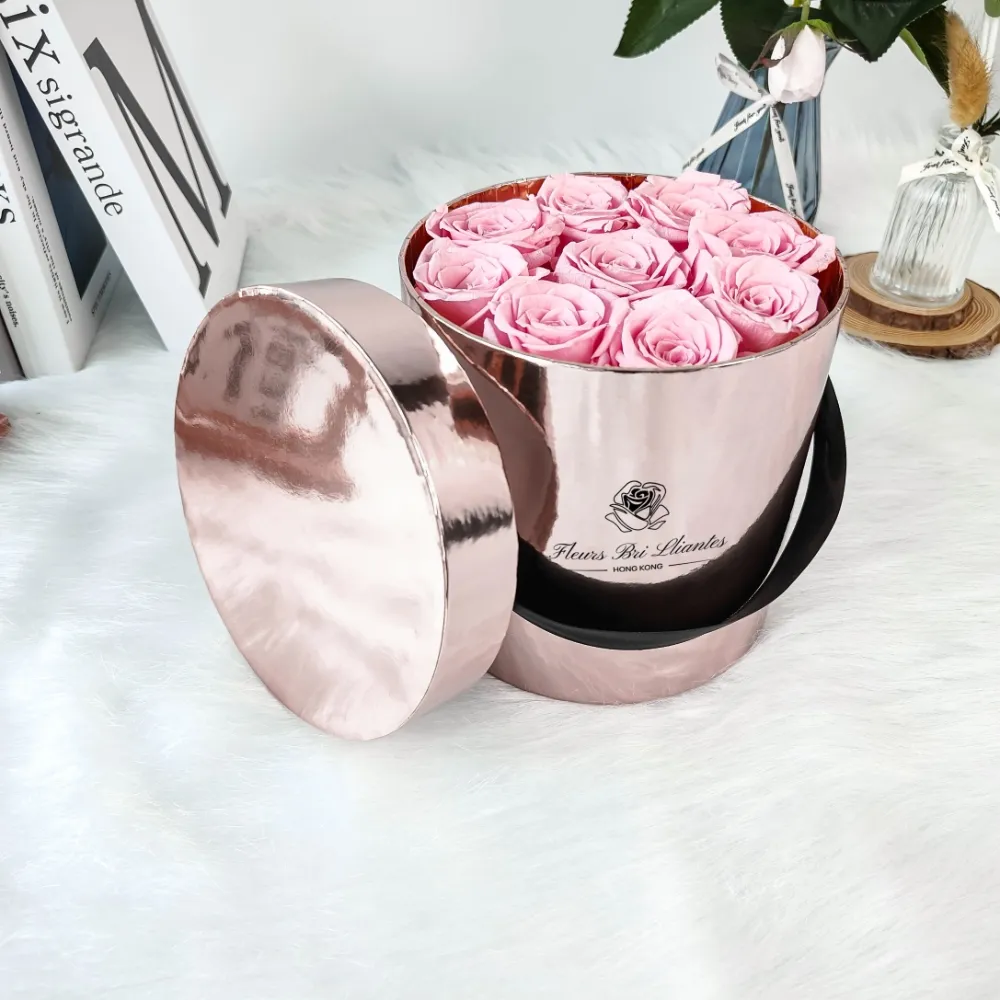 Artificial Eu te amo Tubo Forma Rose Gold Flower Gift Arranjo Caixa Com Logotipo Personalizado