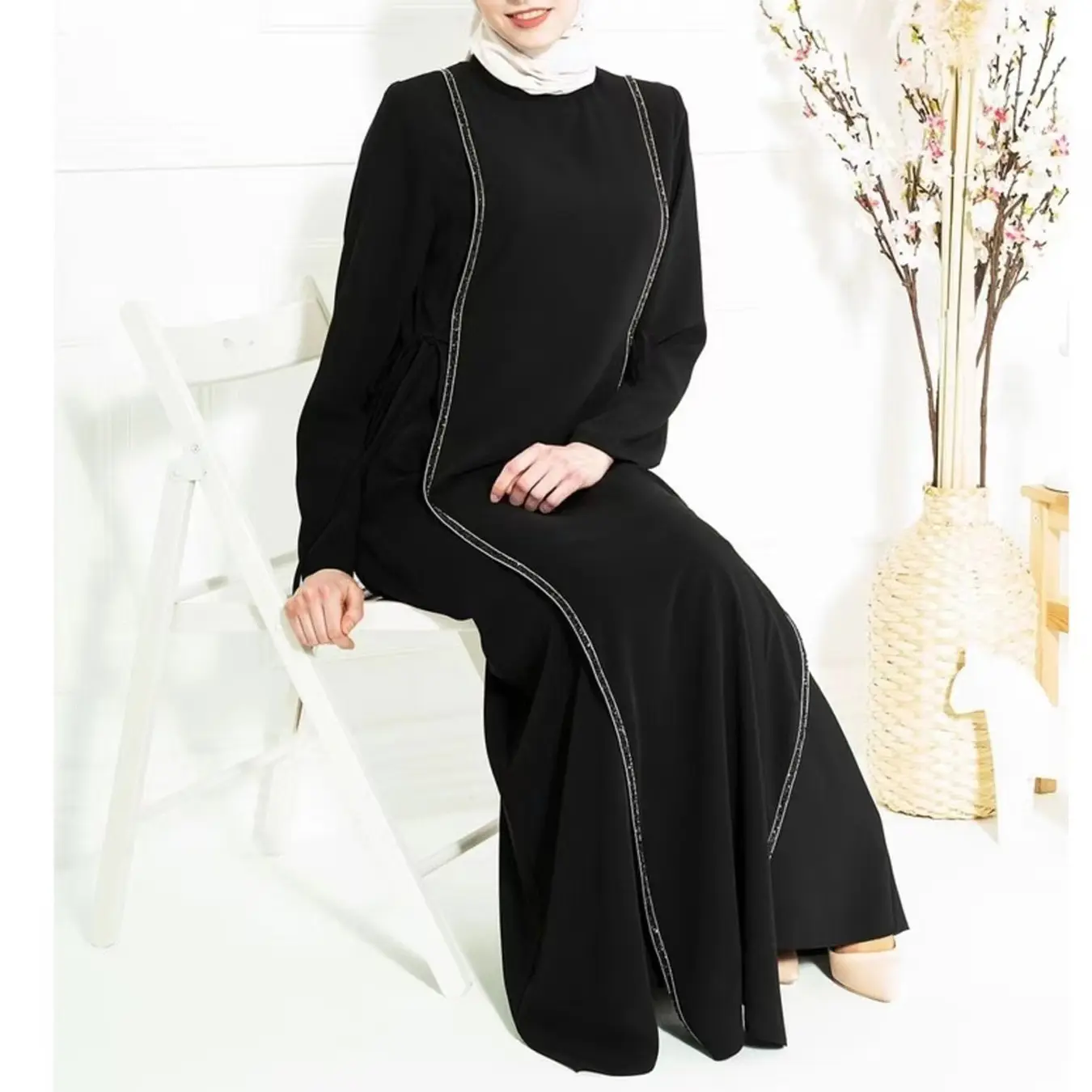 Diseño de moda empalme encaje temperamento elegante suelto simple musulmán modelos de mujer abaya