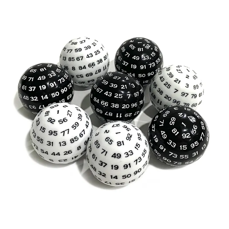 Venta al por mayor de dados de acrílico esféricos de 100 lados dados de bola de plástico blanco y negro personalizados
