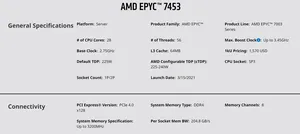 EPYC Milan 7453 CPU <strong>Processor</strong> 28C/56T 2.75GHz 64MB Cache 225-240W 28-Cores 56-Threads SP3 <strong>Socket</strong> Support DDR4-3200 Server 1p/2P - Product Image 3