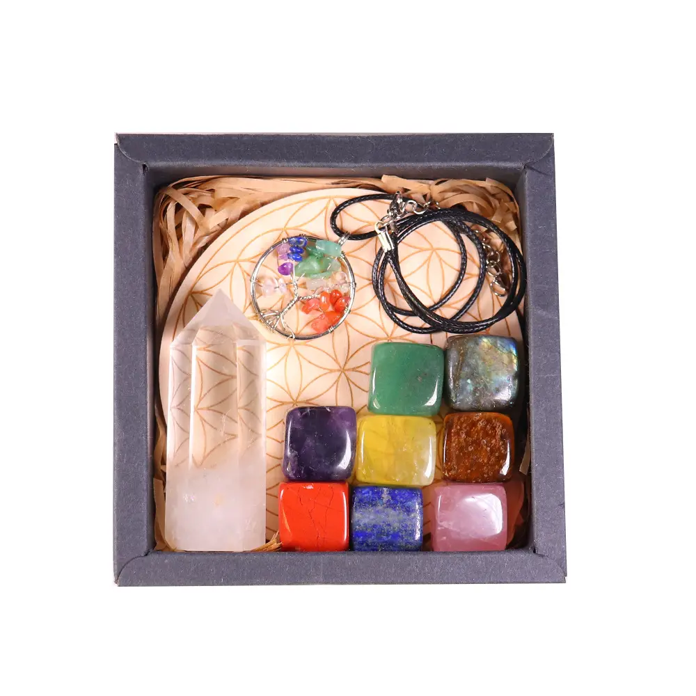 Limpar Quartz Wand Plate Healing Energy Kit Presente Tumbled Stones Árvore da Vida 7 Chakra Cristal Pingente De Madeira Caixa De Presente Natural