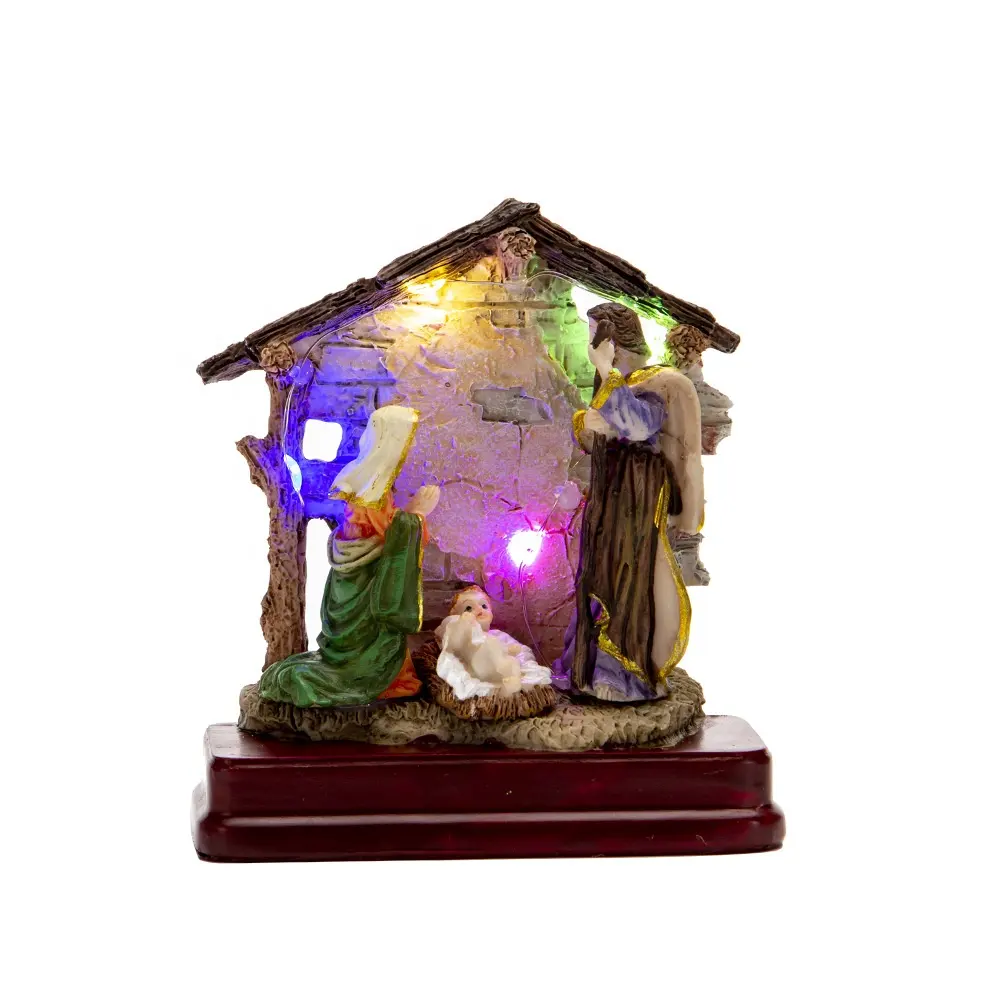 Neues Design Harz Weihnachts geburt von Jesus Statue Wohnzimmer Schreibtisch Dekoration Handwerk LED-Lichter katholische religiöse Geschenk artikel