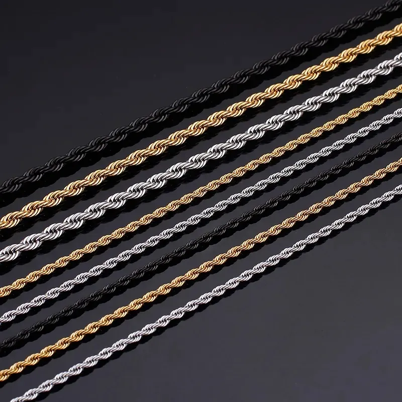 Stock collana con catena a corda intrecciata in acciaio inossidabile placcato oro nero da 2-8mm