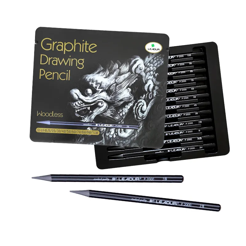 قلم رصاص رخيص السعر 12 قطعة من قلم رصاص الرسم في علبة من القصدير مع قلم رصاص جرافيت بدون خشب بجودة عالية
