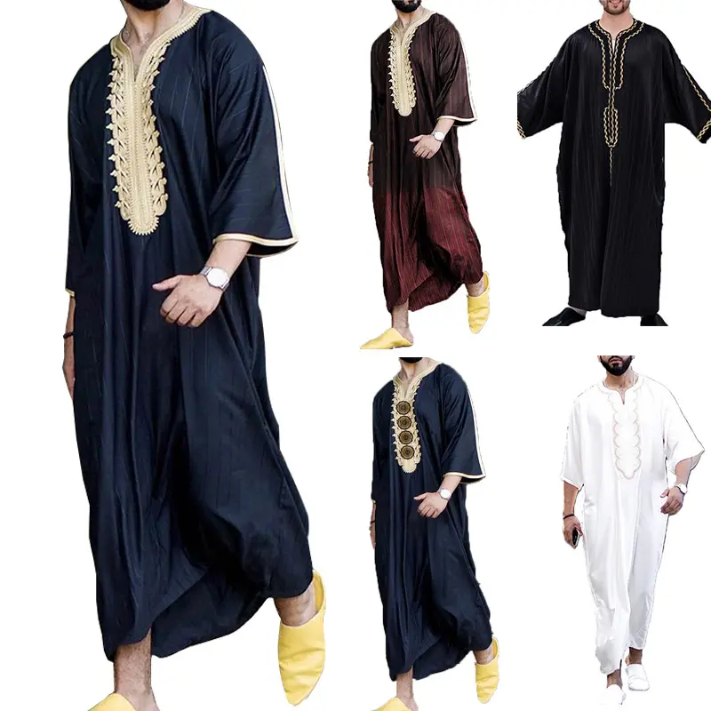 Haute Qualité Polyester Arabe Maroc Thobe Brodé Rayé Caftan pour Hommes Respirant Ramadan Usage Quotidien pour Adultes