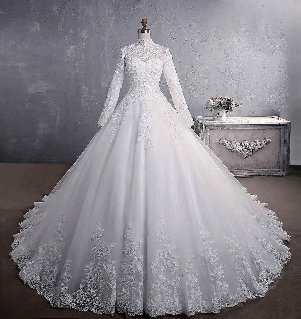 Minthson Col Debout Dentelle Robes De Mariée Blanc Mode Grande Queue Robes Femmes Dame Élégante Mariage Robe De Mariée Musulmane