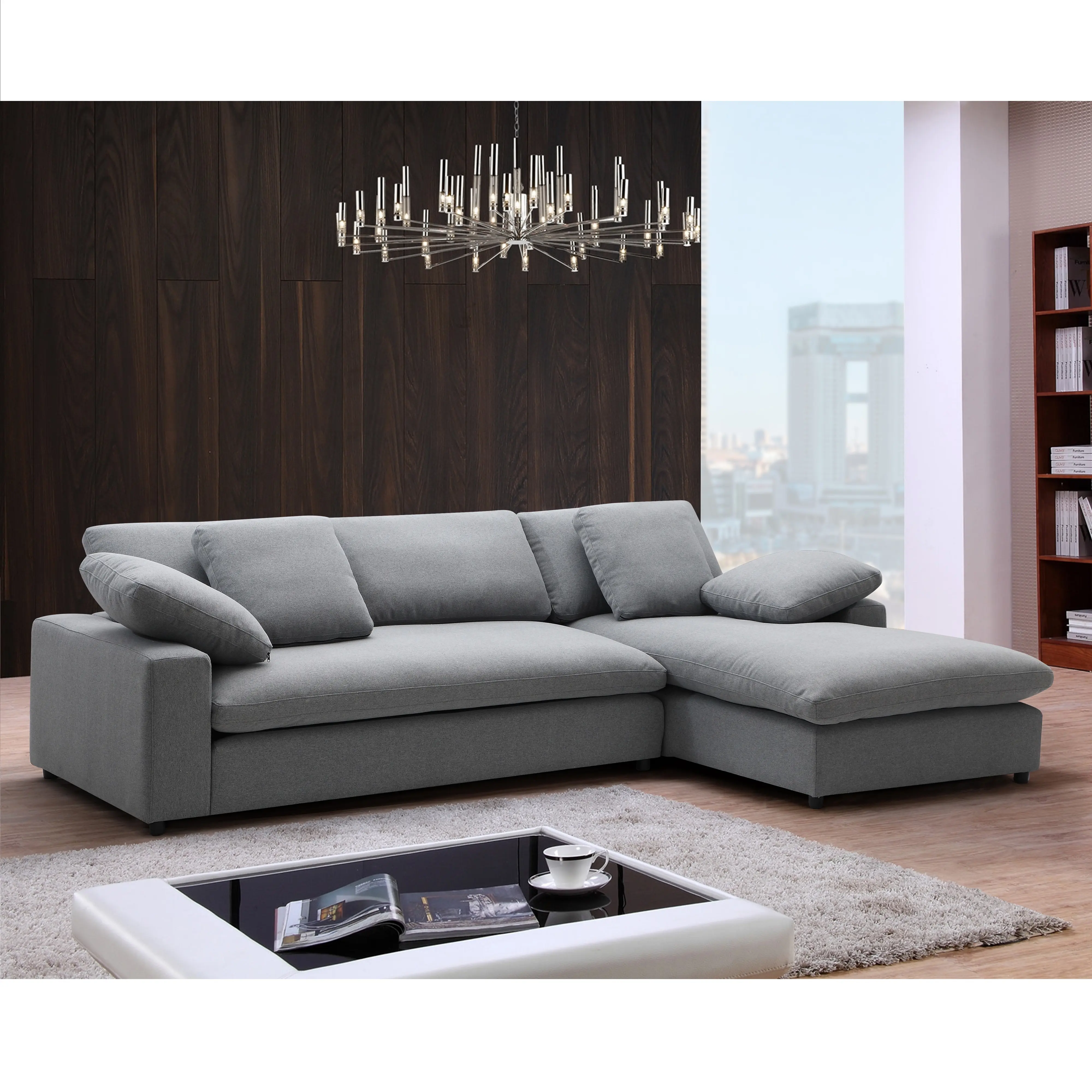 تصميم حديث ، أريكة مريحة جدًا على شكل حرف L ، ركنة من الريش ، مقسمة لغرفة المعيشة