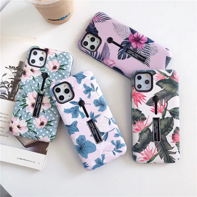 Flower Print Leaves Loop Ring Cover For iPhone 11 Pro, Tropical Plants Flower Hide Finger Ring Holder Phone Case For iPhone 11