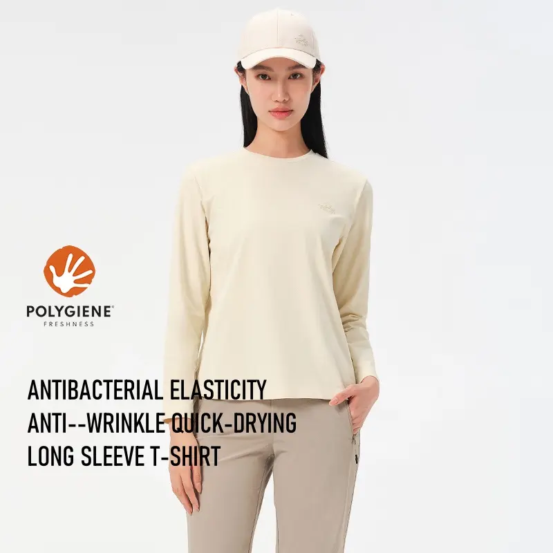 Pelliot Camiseta esportiva de manga longa para mulheres, camiseta casual antibacteriana anti-rugas para uso ao ar livre primavera