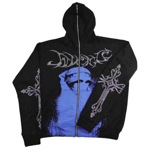 Personalizado de alta calidad Rhinestone calavera púrpura impreso Streetwear de gran tamaño de algodón Casual Zip up Goth chaqueta sudaderas con capucha para hombres