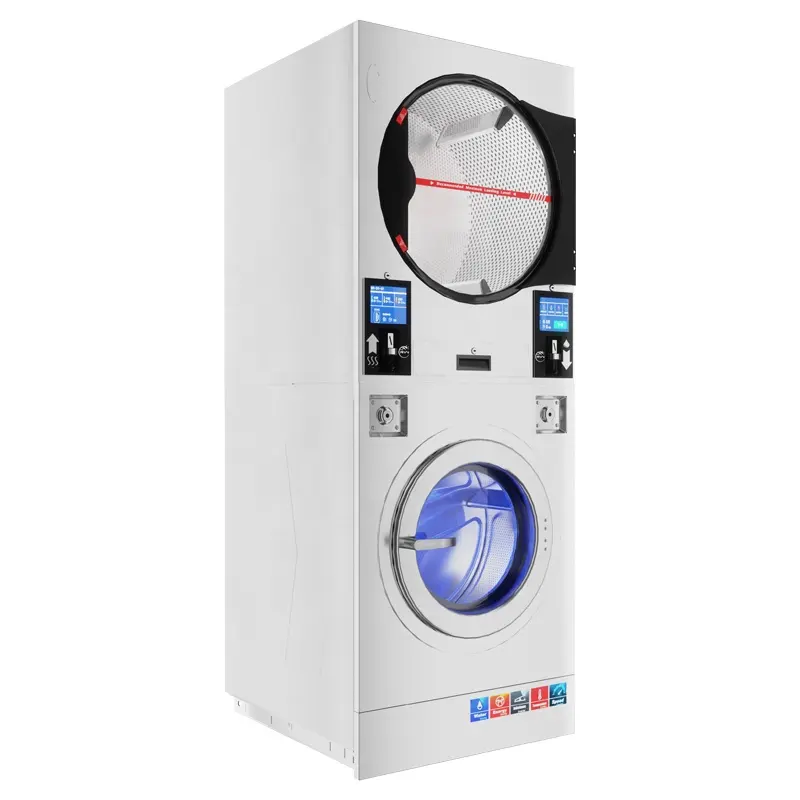 Hoàn toàn tự động ngăn xếp máy giặt Máy sấy khách sạn, tự phục vụ cửa hàng giặt ủi sử dụng thiết bị giặt tiết kiệm không gian giặt máy sấy