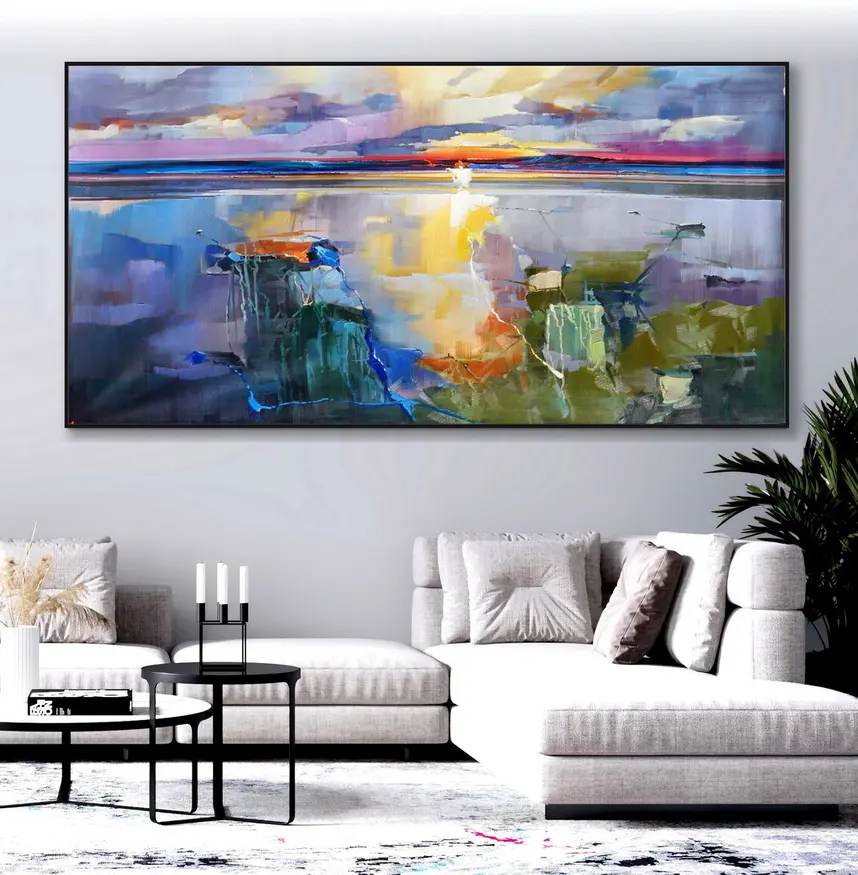 Extra Large Modern Seascape Cor brilhante Escova Stroke Panorâmica Abstrato Colorido Mar Emoldurado Wall Art Handmade Pintura A óleo
