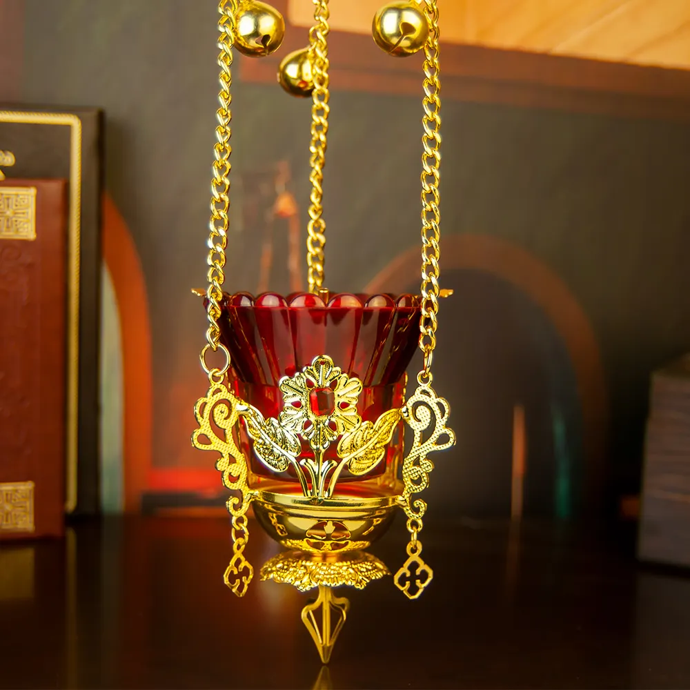 HT chiesa fabbricazione di prodotti religiosi e cattolici ortodossi foglie di vite a sospensione santuario lampada con vetro rubino tazza e campana