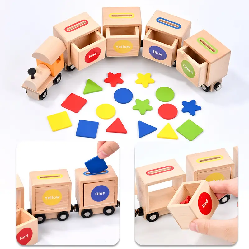 教育用木製磁気列車おもちゃモンテッソーリ形色幾何学的分類列車色学習キューブ