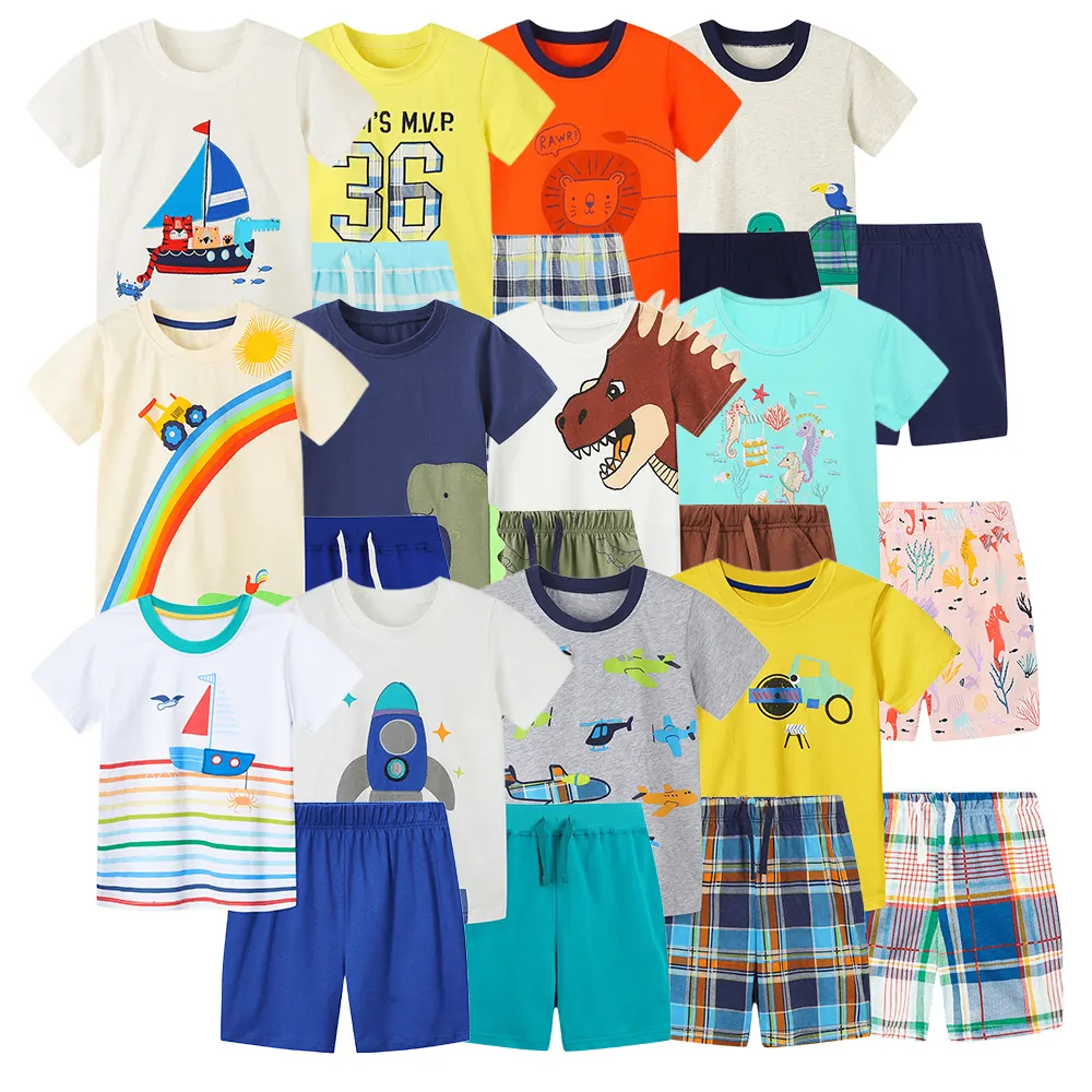 Оптовая продажа, летний вязаный комплект для мальчиков с мультяшным принтом, комплекты одежды для мальчиков, летние комплекты детской одежды для мальчиков