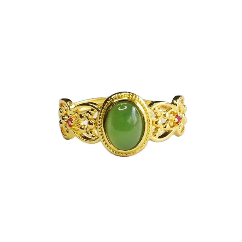 Cincin batu alam Hollow Out kualitas tinggi, cincin giok Hetian bentuk hati berlapis emas kuningan cincin Jasper