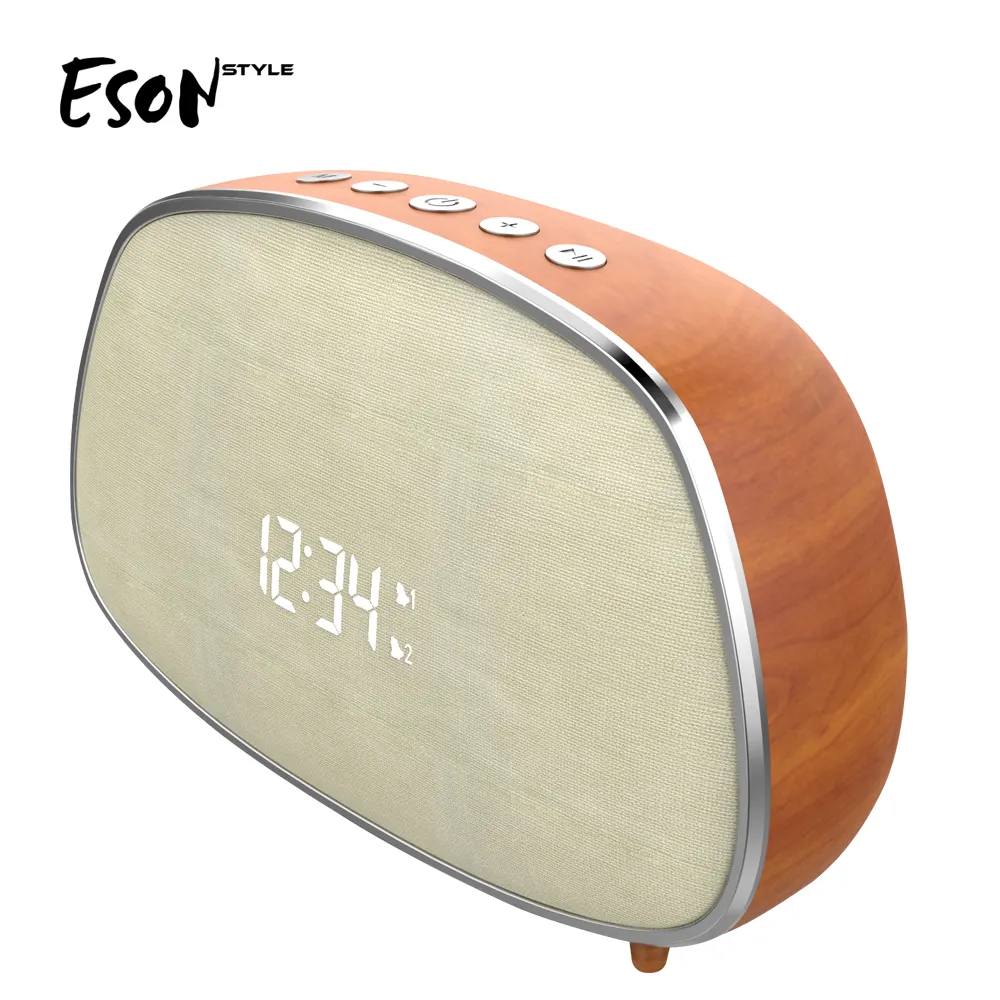 Eson Style-despertador Digital LED, Retro, con Radio FM y sonido estéreo, altavoz inalámbrico de madera con Bluetooth