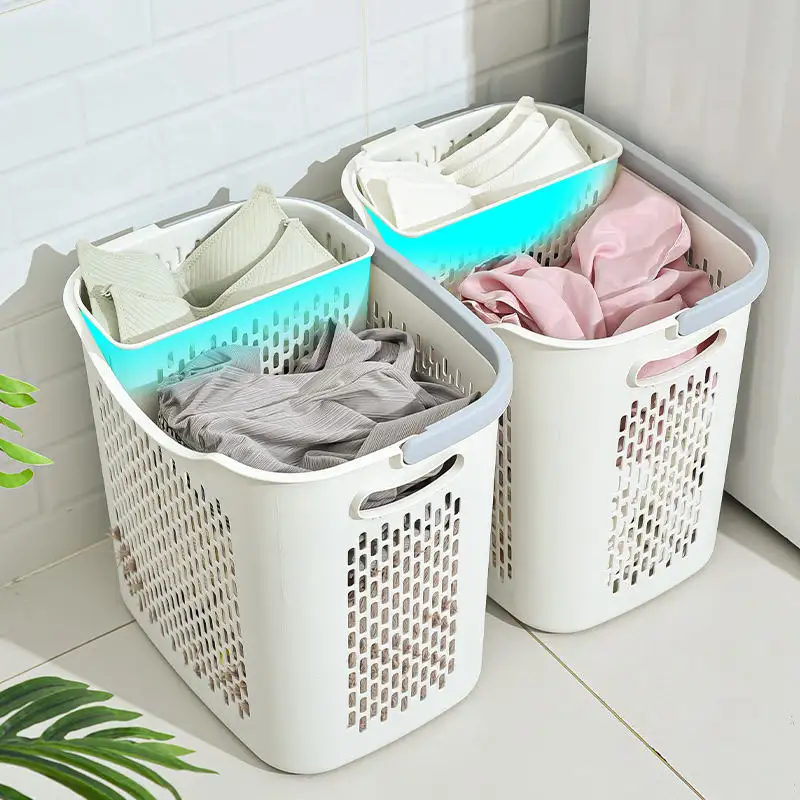 Novo estilo simples branco casa portátil plástico sujo roupa cesta para dormitório banheiro