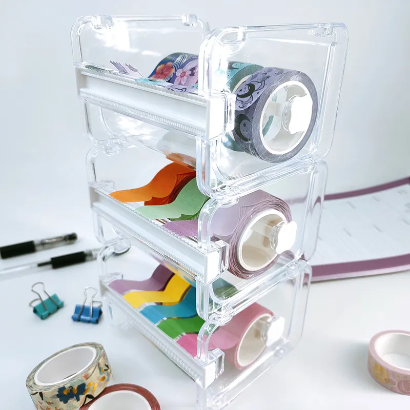 Custom acrylic clear washi tape dispenser holder with tape cutter