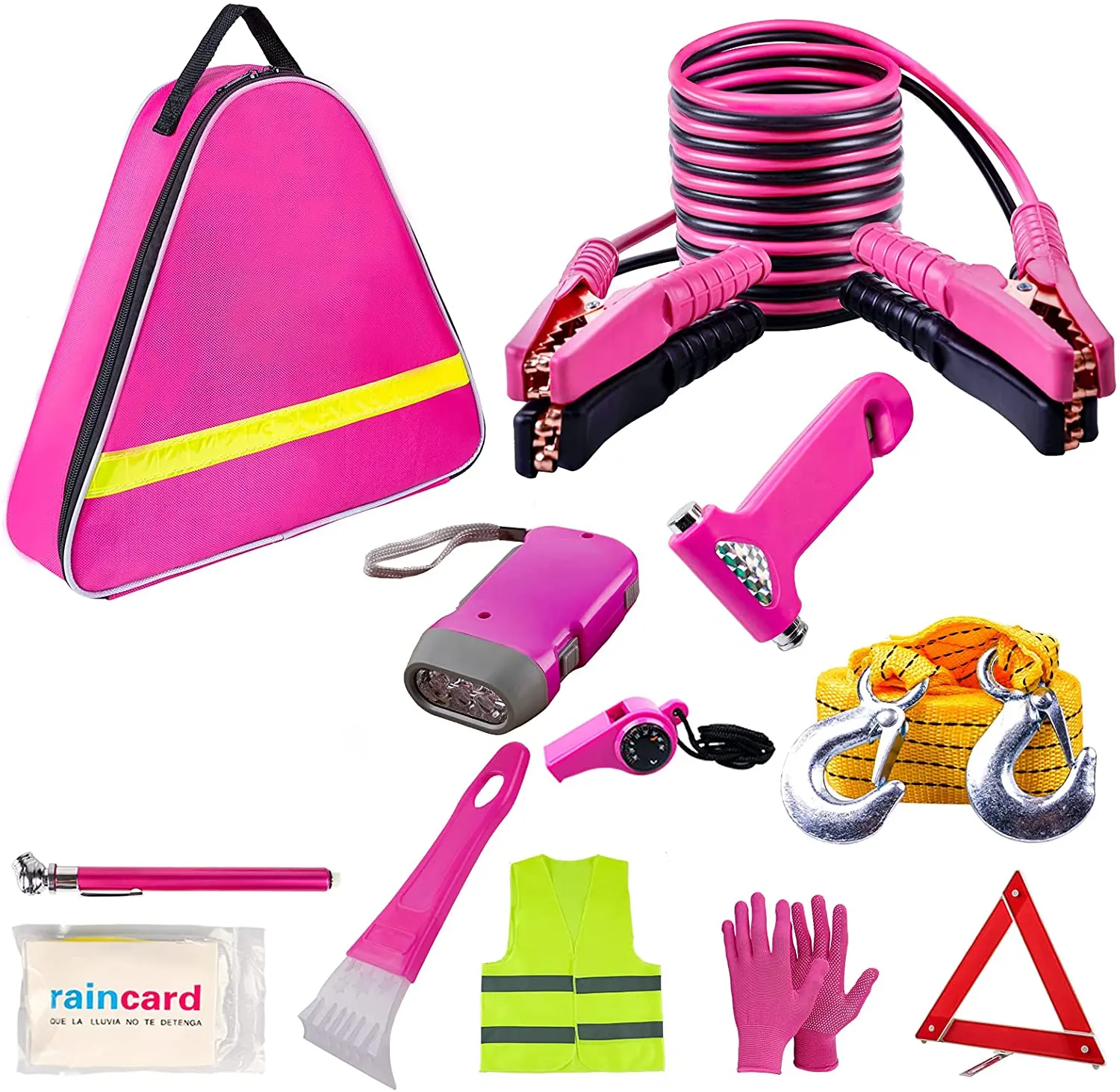 Car Emergency Pink Roadside Assistance Kit with Jumper Cable Tow Rope LED Road Flare Whistles Women Emergency Safety Tool Kit