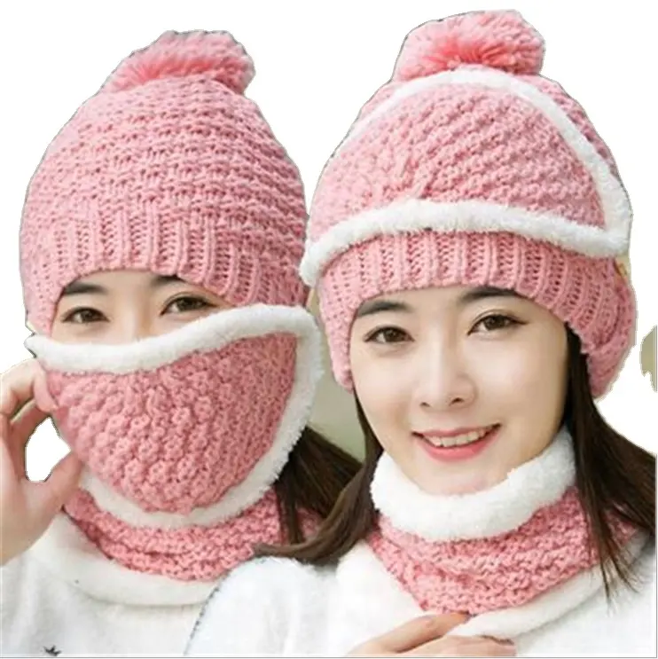 Fabriek Prijzen Winter Beanie Hoed Sjaal En Masker Set 3 Stuks Dikke Warme Slouchy Knit Cap