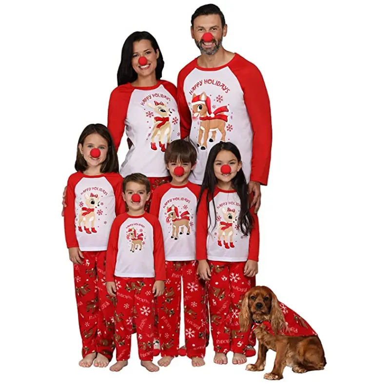 Accueil rouge blanc renne flocon de neige Noël famille pyjama ensemble pour hommes femmes chien