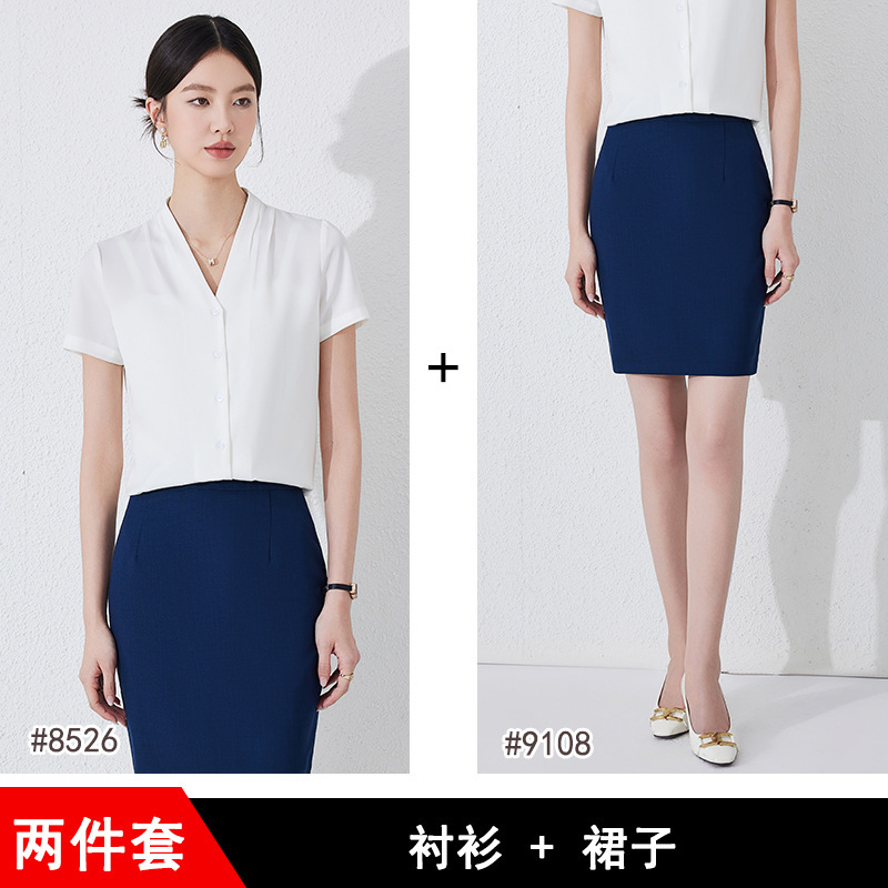 White shirt and blue skirt