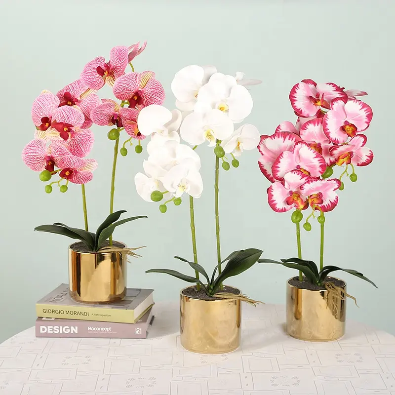 Orquídea artificial decorativa em seda, flores artificiais em vaso de ouro