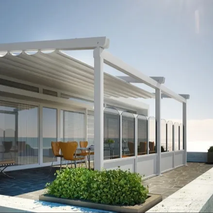 Venta al por mayor al aire libre LED sistemas bioclimáticos pérgola toldo plegable toldo eléctrico inteligente automático de aluminio pérgola retráctil