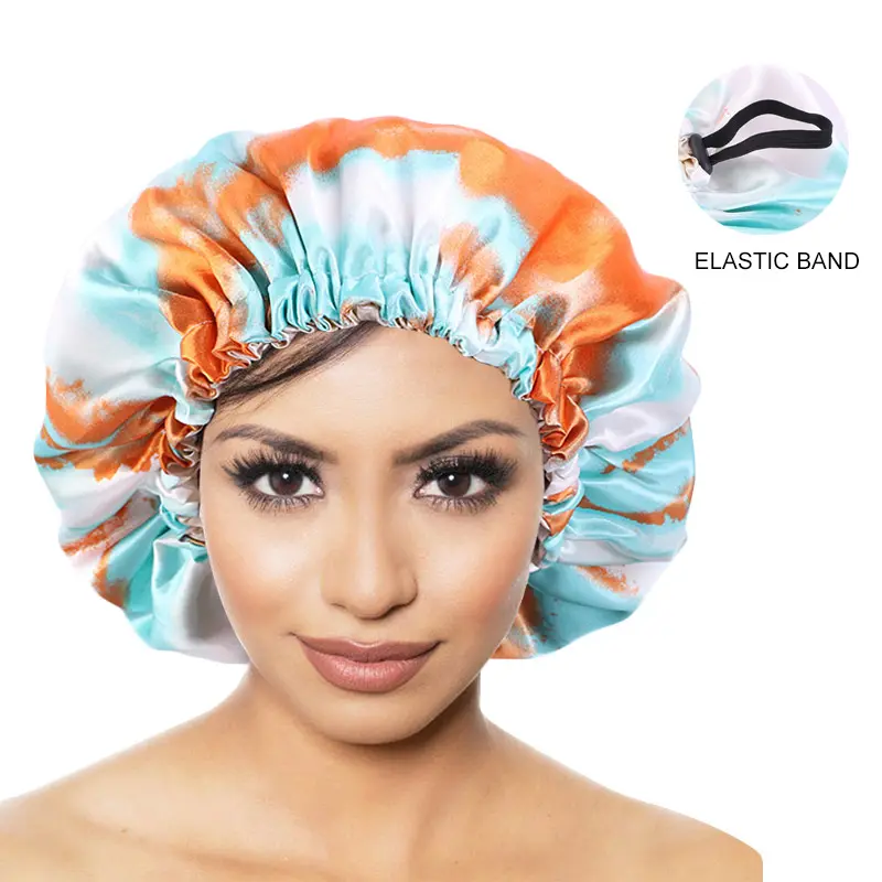 Nuevo Tie Dyed Colorful Ajustable Satin Hair Bonnet Sleep Cap Bonnets para mujeres