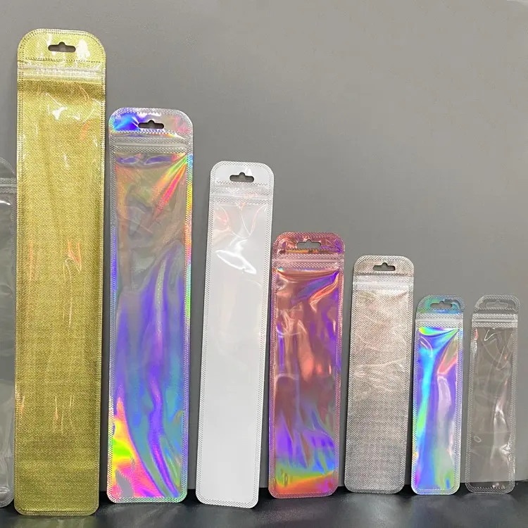 Vente en gros 50pcs sacs zip-lock holographiques trou de suspension sac d'emballage refermable fermeture éclair sacs en plastique holographiques transparents