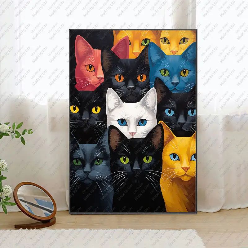 Novo Design Lovely Cat Wall Art Pintura Abstrata Em Tela Para Sala De Estar