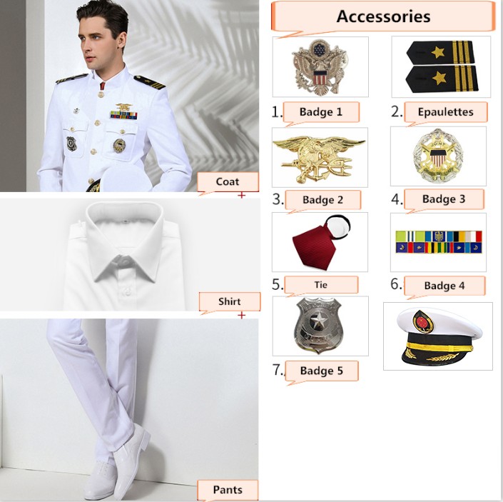 White jacket+Pants+Shirt+Cap+7 accessories