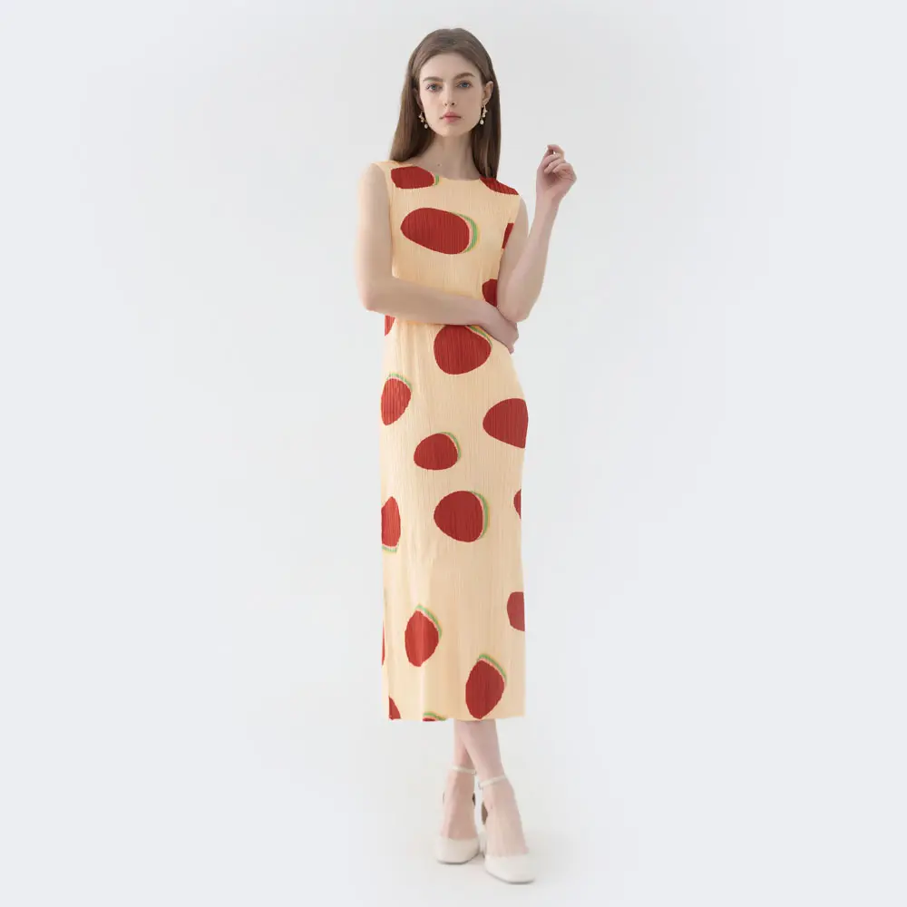 New Fashion 2024 Sleeveless Straight Pleated Dress Polka Dot Slim Mid-Length Casual Sweet Simple Vest Women Dress