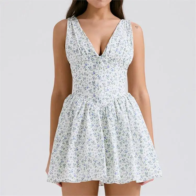 Fabricante personalizado última colección de moda elegante verano Mujer moda Mini vestidos blanco Bluebell después del vestido de fiesta