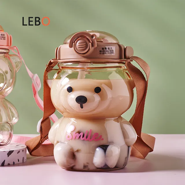 Kinder geschenk 32oz tragbare Reise Plastik wasser flasche kunden spezifische niedliche Bären form Kinder wasser flasche mit Strohhalm und Riemen
