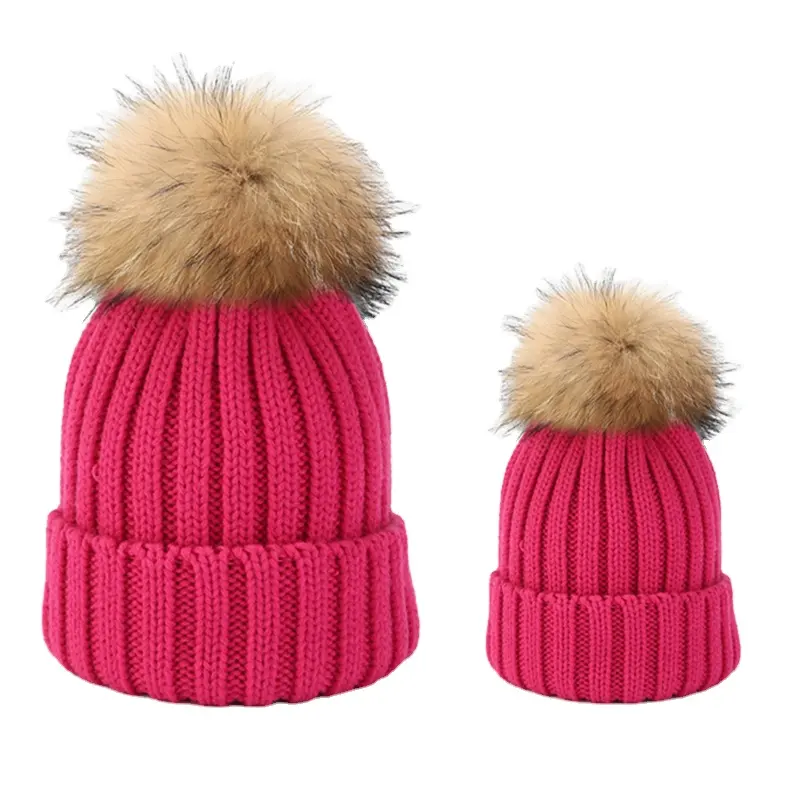 Cappello per mamma e bambino con pompon berretto Bobble in pelliccia sintetica calda cappellino invernale per bambini in maglia acrilica per genitore-figlio