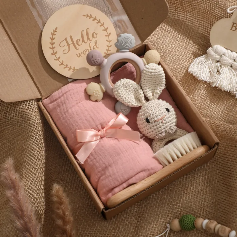 Bayi Muslin selimut katun organik Teething Rattle bayi baru lahir hadiah Set kotak untuk bayi 0-24 bulan