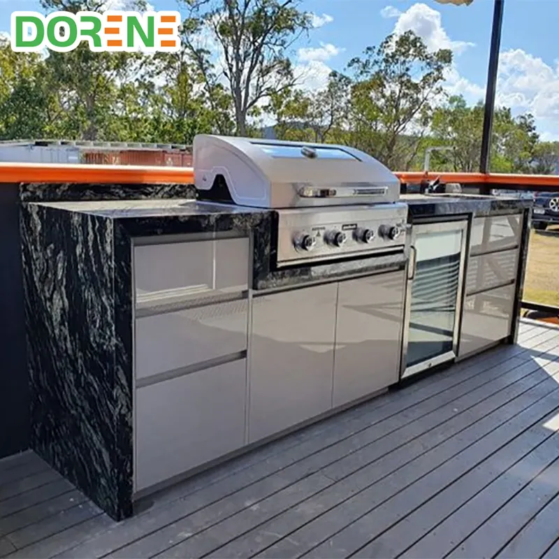 2021 Dorene Luxury Modern Modular Prefab Built In Portable BBQ Outdoor Kitchen Cabinet Set With Grill and Fridge Under Pergola