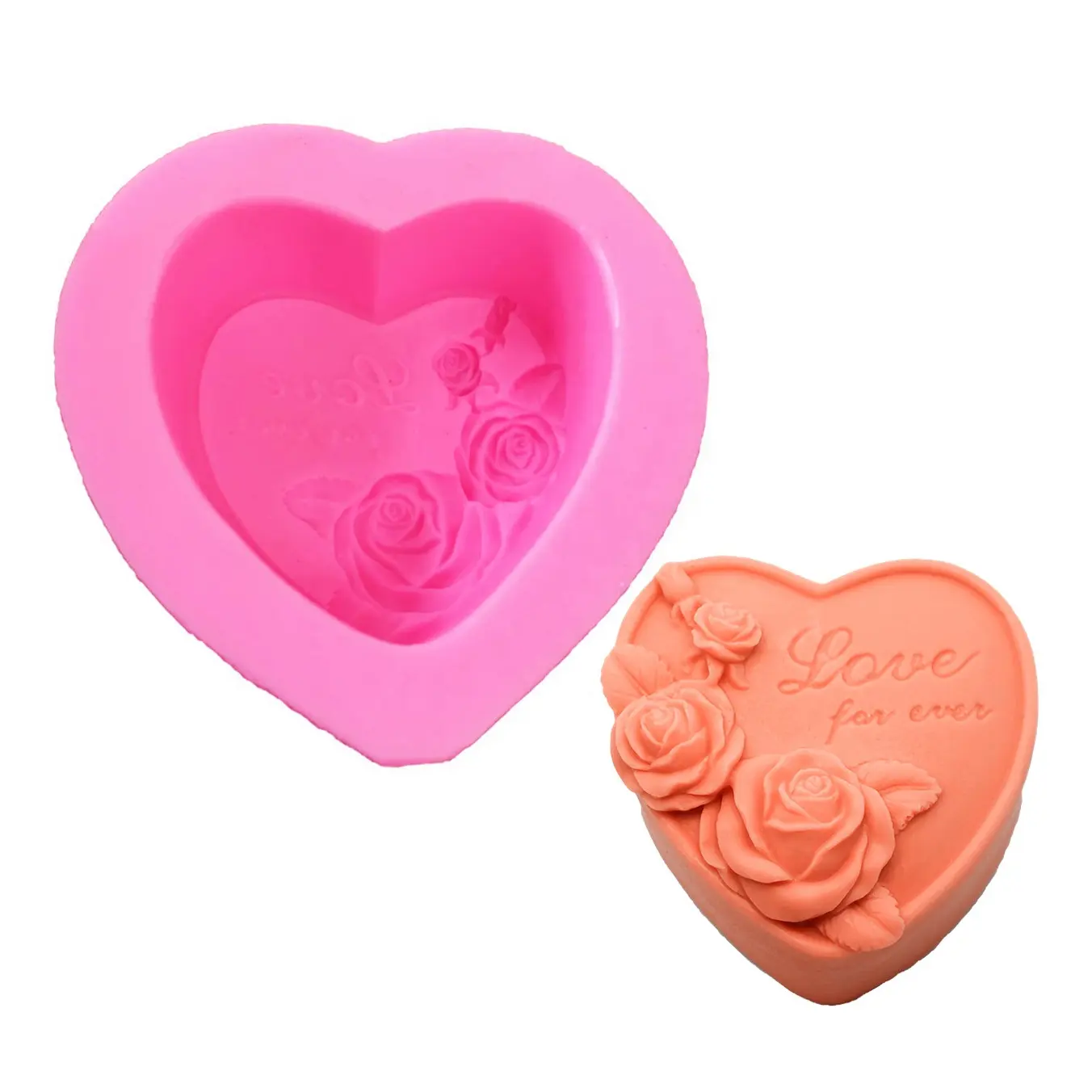 Clásico bonito Contorno de corazón 2 rosas 1 molde de silicona con textura de brote para DIY adorno jabón vela Cupcake