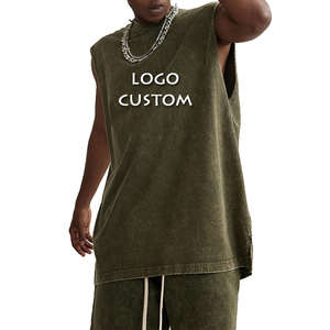 Custom Vintage Washed Cotton Men's <strong>Tank</strong> Tops Factory Side Slit Sleeveless Sport Vest with Patchwork <strong>Pattern</strong> Street Casual Style - Product Image 3