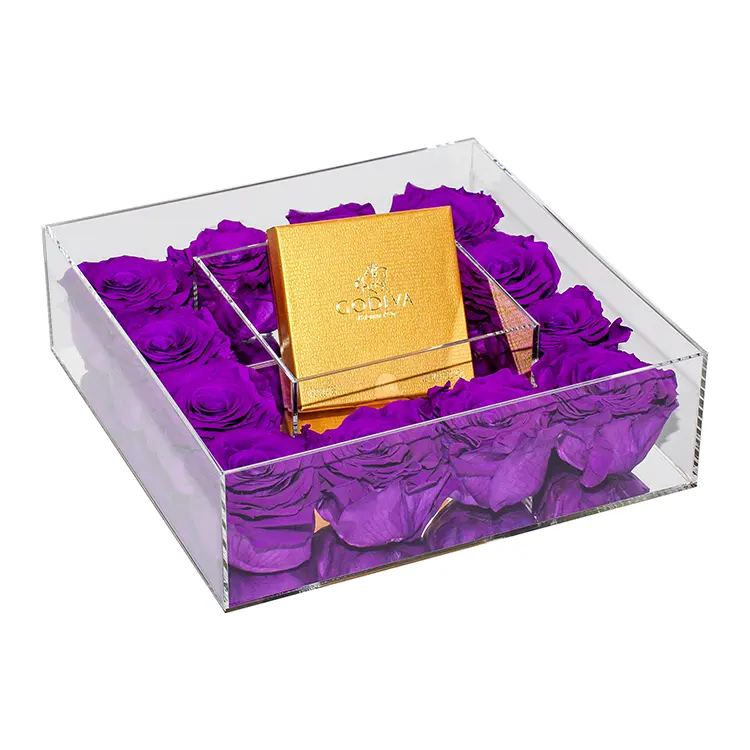 Luxury acrylic 12 preserved flowers box plexiglass rose flower gift box