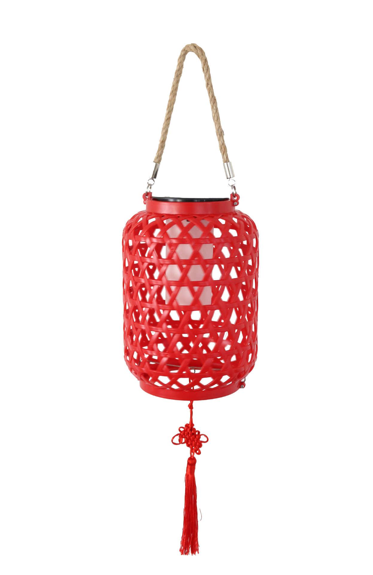 Conjunto de linterna de bambú imitación solar (rojo con borlas)