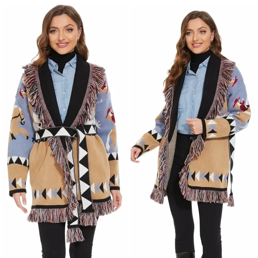 Maglia jacquard lunga taglie forti con cardigan con nappine e cardigan da donna in lana Cashmere a maglia nuova per l'inverno 2024