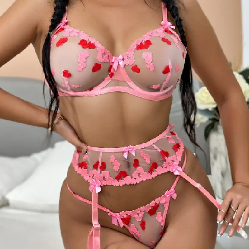 OLAF 3 Pc Piece Women Sexy Valentines Day Pink Lingerie Set Sexy Underwear With Garter Mature Sex Heart Lingeries For Ladies