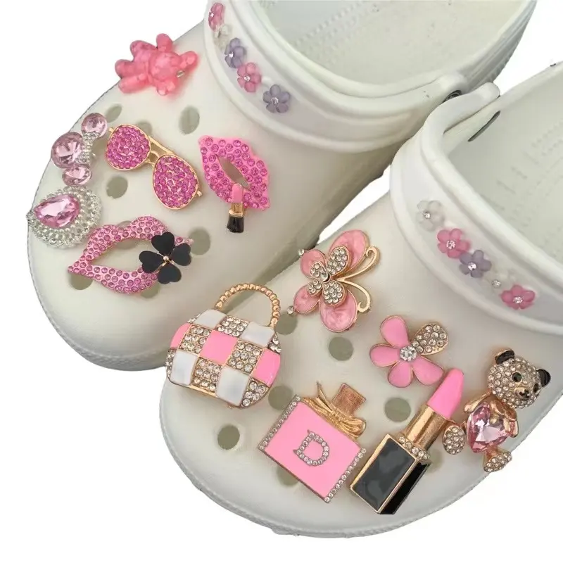 Pink Metal Luxury Bling Custom Shoe Charms Clog Shoes Decoration Rhinestone Metal Disigners Wholesale Metal Brand