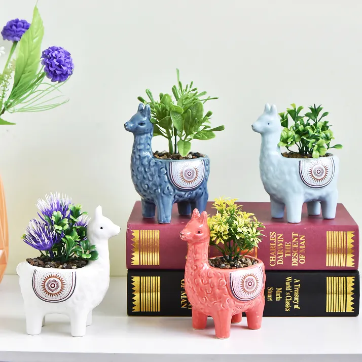 น่ารักอัลปาก้ารูปร่างตกแต่งบ้านมินิเซรามิค Succulent Planters สัตว์ Planter