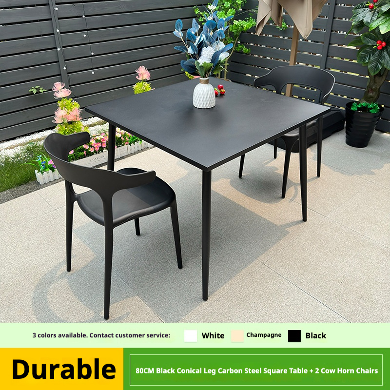 80cm black cone foot steel square table with 2 corner chairs